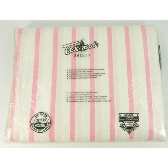 Vintage NOS Double Flat Sheet Unhemmed Pink Stripes Candy Tone Tex-made Canada - Picture 4 of 6